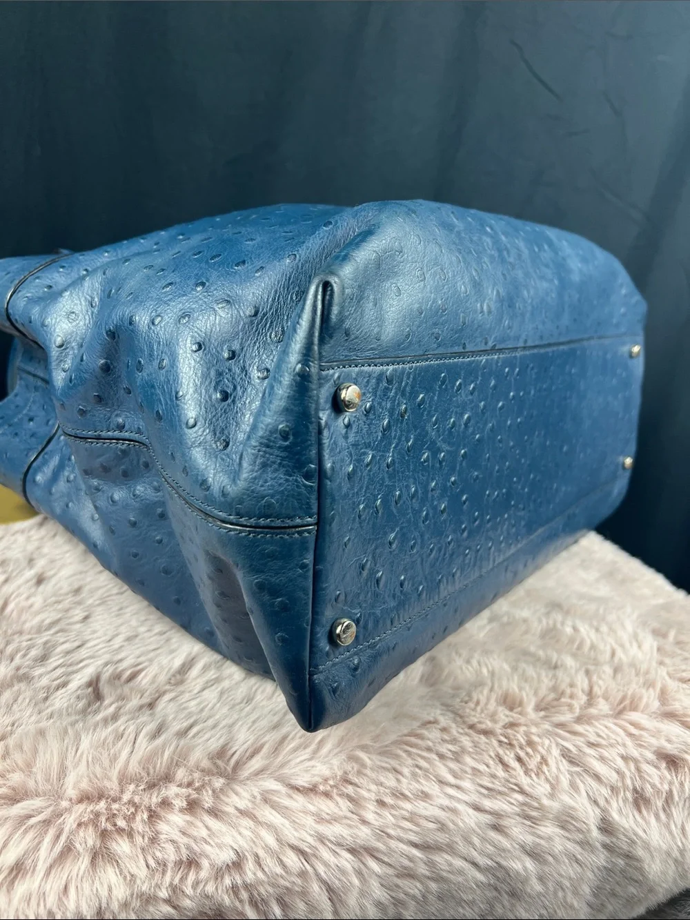 Kate Spade Charm City Diehl Ostrich Embossed Leather Bow Tote French Navy - EUC